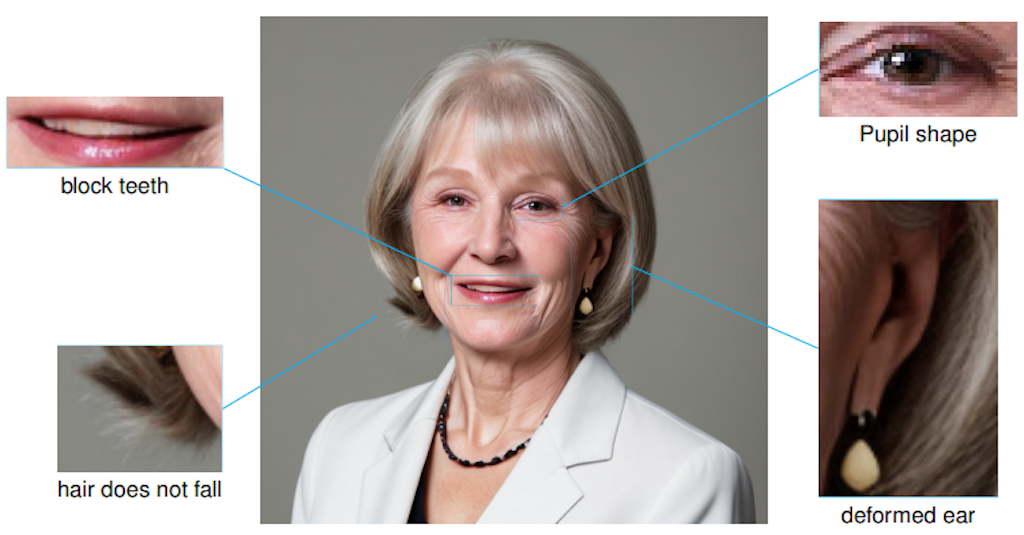 Synthetic portrait of a woman with small irregularities on the left eye, the hair, the teeth and the shape of the left ear.